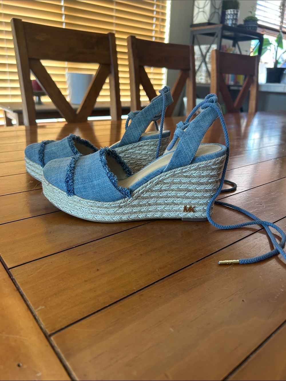 Michael Kors Denim Espadrille Wedge Sandals Ankle Tie Size 6.5 EUC